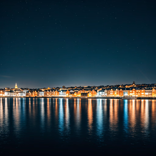 Skandinavisk kystby om natten, kaldt blått lys på mørkt vann under stjernehimmel